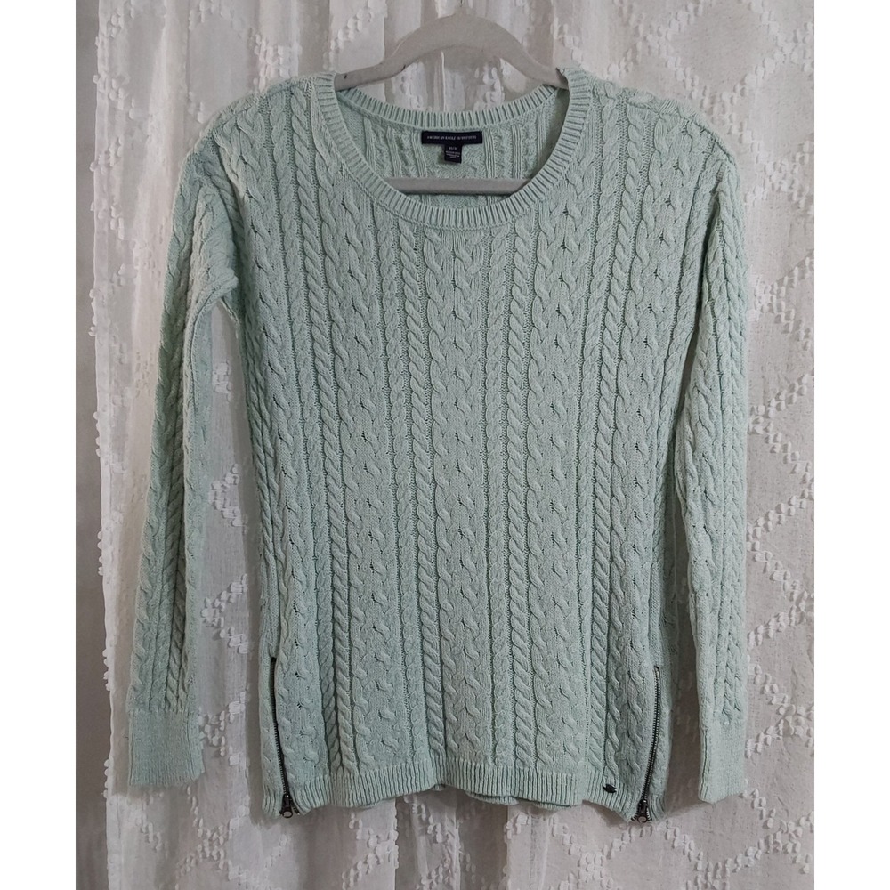 American Eagle Mint Green Cable Knit Sweater Side Zip Pullover Womens Medium